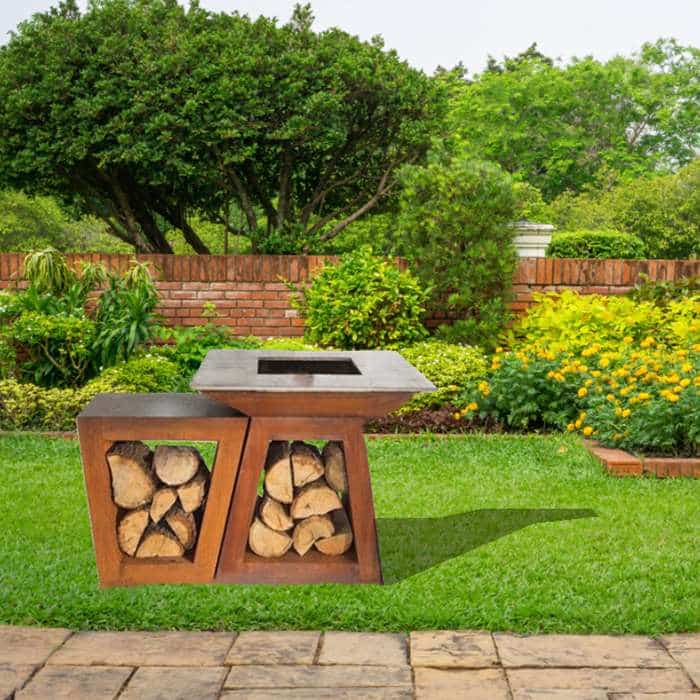 Corten Steel BBQ Grill with Double Firewood storage