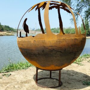 100cm round corten steel fire bowl Coconut tree hollow shape