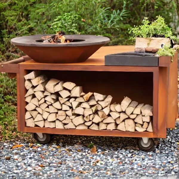 corten steel BBQ Grill & Fire Pit with Storage Base