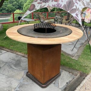 corten steel outdoor BBQ grill with wood ring tray