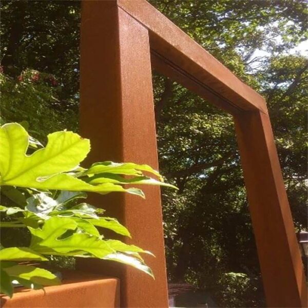 outdoor corten steel water feature with light