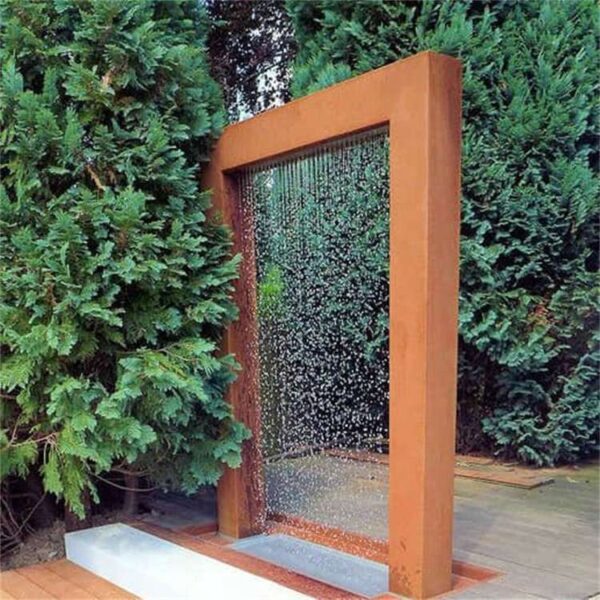 outdoor corten steel water feature with light