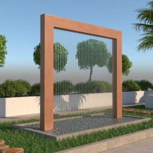 outdoor corten steel water feature with light