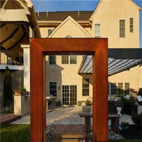 outdoor corten steel water feature with light