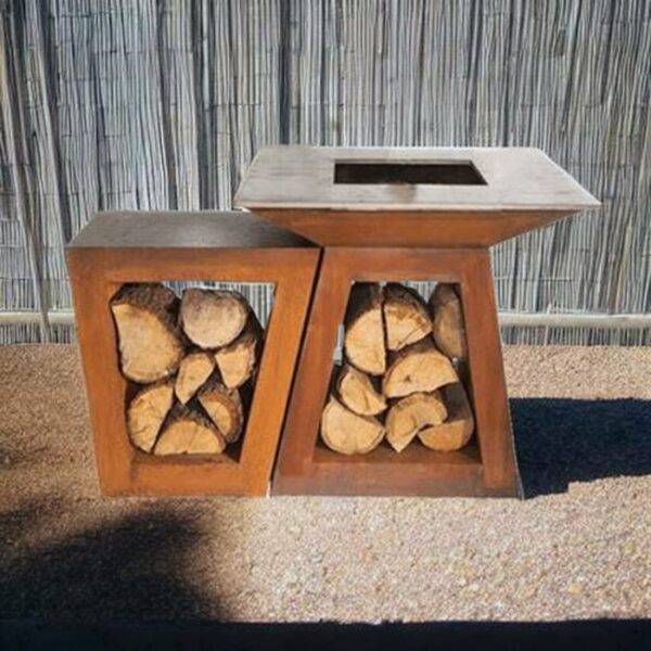 square charcoal grill with corten steel firewood storage