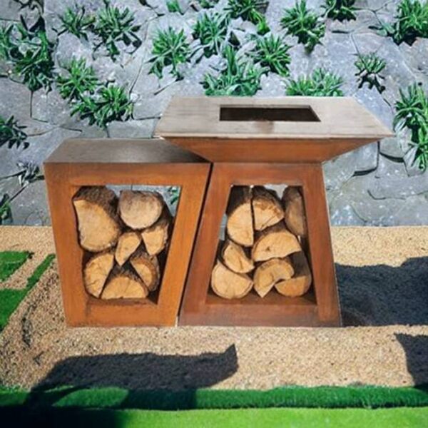 square charcoal grill with corten steel firewood storage