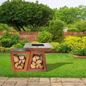 square charcoal grill with corten steel firewood storage