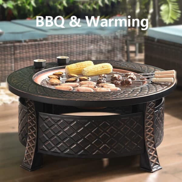 Outdoor charcoal round fire pit with BBQ