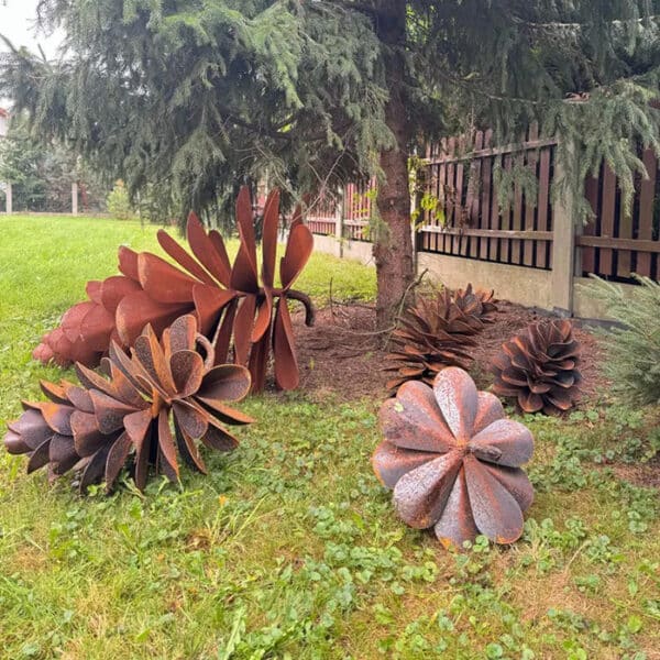 rusty metal pine cone sculpture